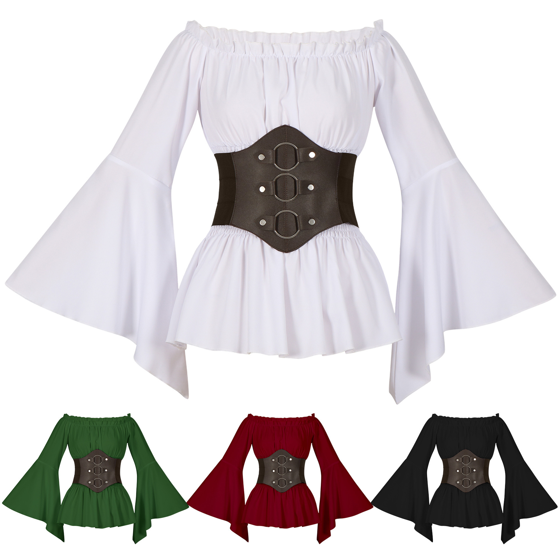 Blouse Off Shoulder - 中世風のヴィクトリア朝海賊風シャツ、オフショルダー、レトロなカジュアルブラウス、長袖のフリル付き、コルセット風トップス、ハロウィーンの仮装衣装。
