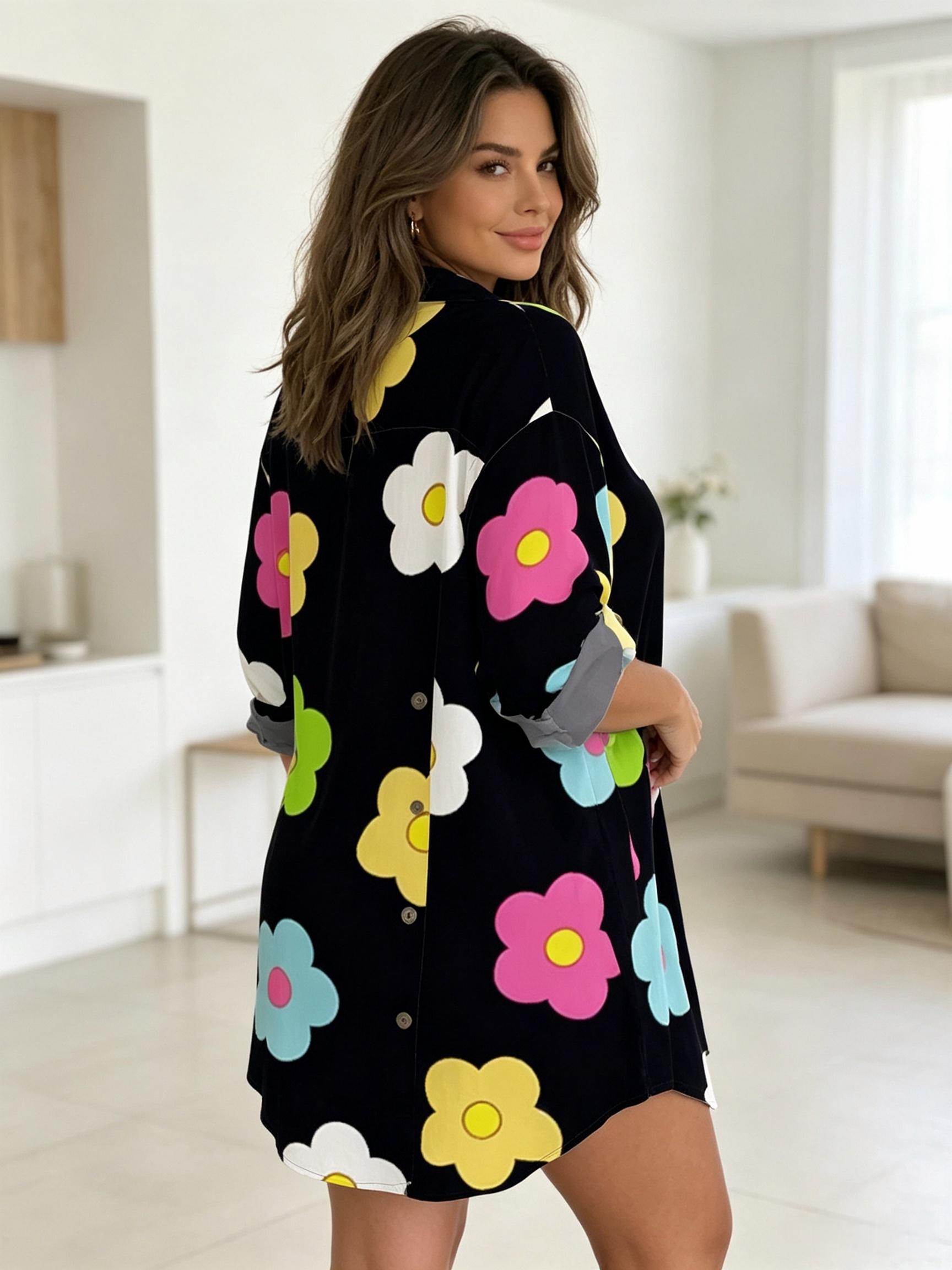 プラスサイズ、花柄プリントのシャツドレス。3/4丈の袖、ボタ - Romper Floral Print のレビューと価格