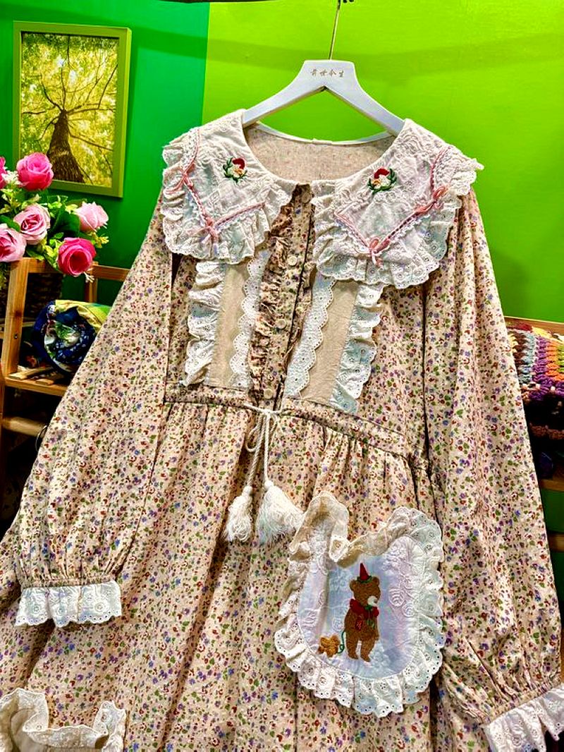 秋の綿フリルレース甘いリボンロリータパッチワークミディドレス - Midi Skirt Floral のレビューと価格