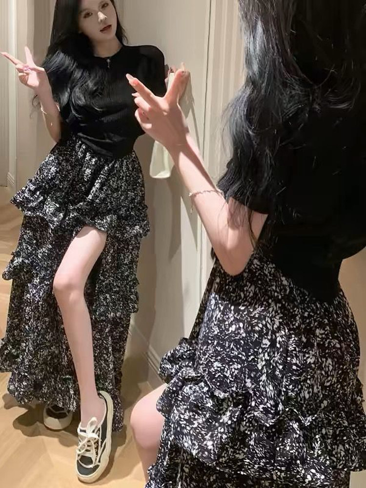 花柄プリントハーフ丈スカート女性用ルーズハイウエストヴィンテ - Midi Skirt Floral のレビューと価格